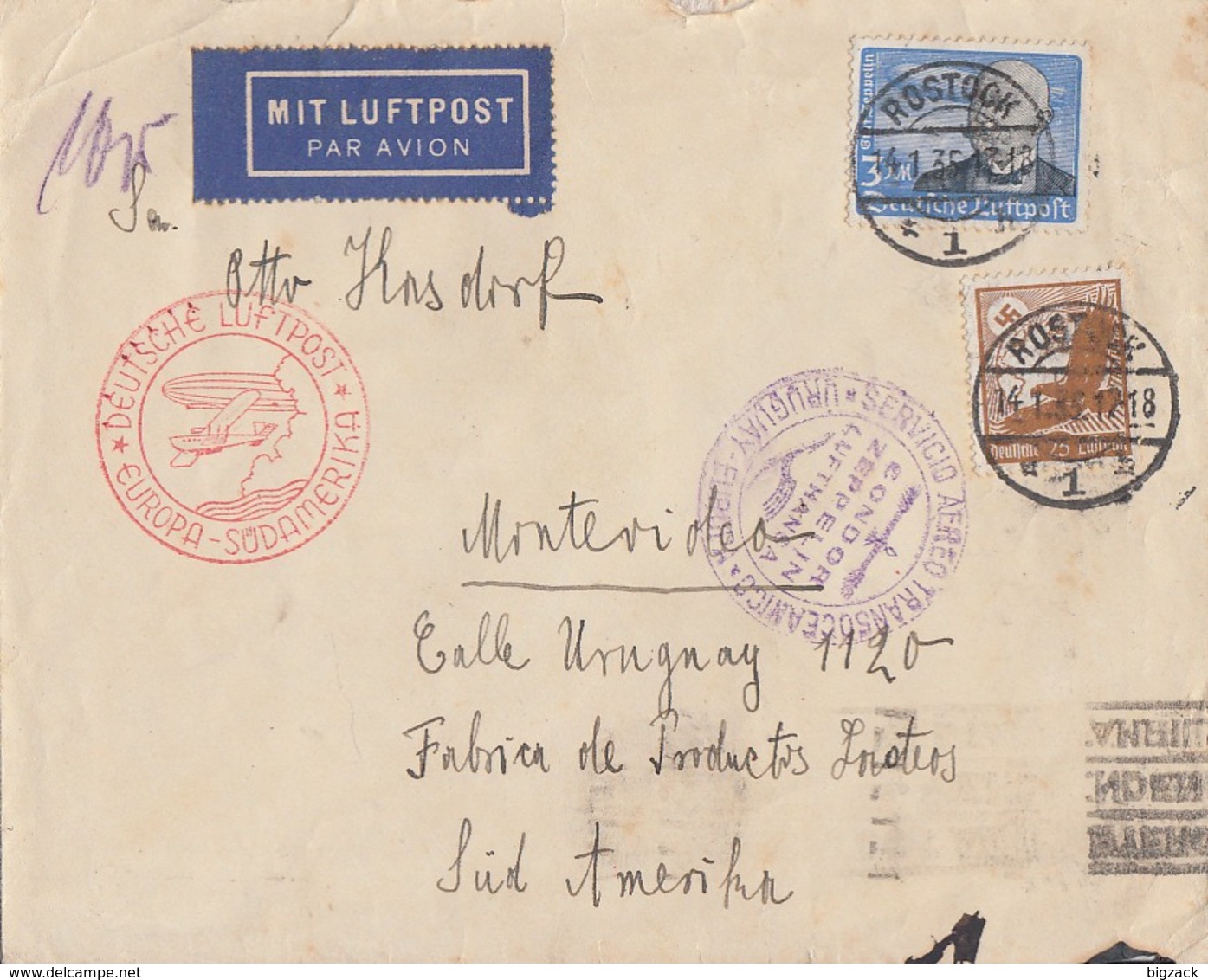 DR Luftpostbrief Mif Minr.533,539 Rostock 14.1.35 Gel. Nach Uruguay - Briefe U. Dokumente