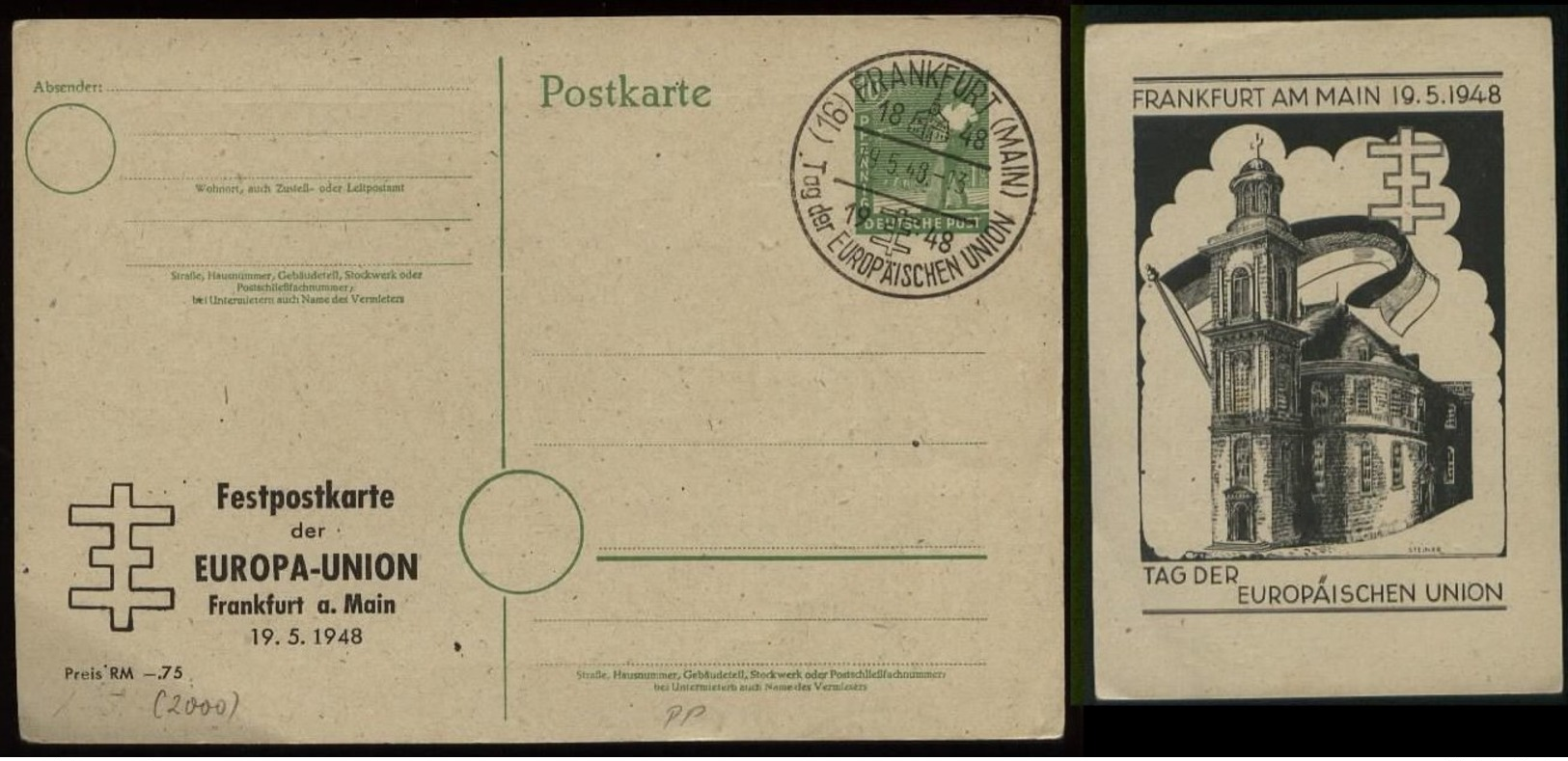 S6714 - All. Besetzung 10 Pfg Arbeiter ,Privat GS Postkarte Europa Union: Gebraucht Mit Sonderstempel Frankfurt 1948, - Sonstige & Ohne Zuordnung