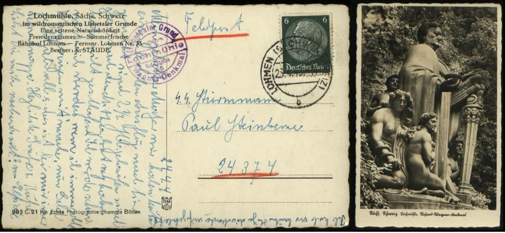 P0276 - DR Waffen SS Postkarte Richard Wagner Denkmal: Gebraucht Lohmen - SS Totenkopf Standarte 6 ,1940 , Bedarfserha - Briefe U. Dokumente