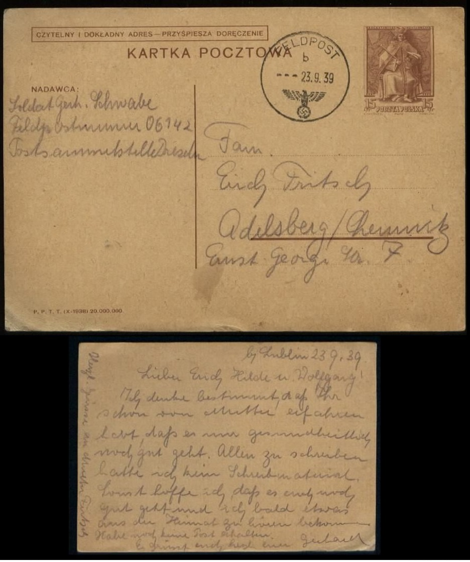 WW II DR Polen Beute GS Postkarte : Gebraucht Lublin Feldpost über Sammelstelle Dresden - Chemnitz 1939 , Bedarfserhal - Briefe U. Dokumente