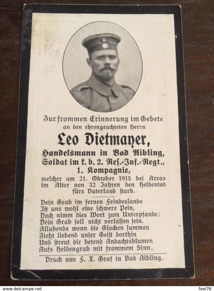 Sterbebild Wk1 Ww1 Bidprentje Avis Décès Deathcard RIR2 ARRAS 21. Oktober 1915 Aus Bad Aibling - 1914-18