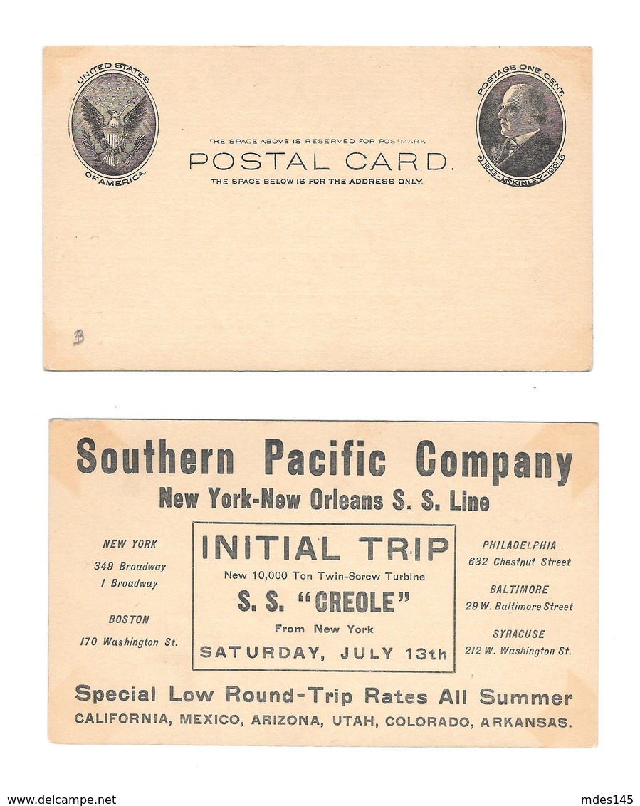 UX18 Ad SS Creole Steamship Intial Trip July 13 1907 Southern Pacific Company Postal Card - Postal History