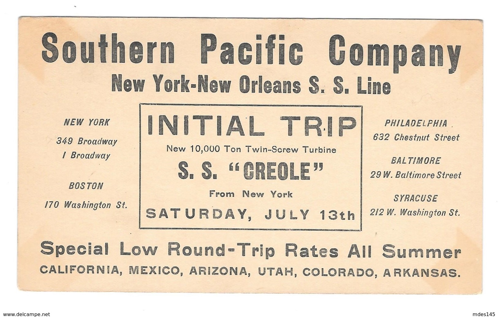 UX18 Ad SS Creole Steamship Intial Trip July 13 1907 Southern Pacific Company Postal Card - Postal History