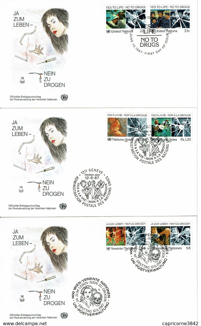 1987 -3 Env.- LUTTE CONTRE LE TRAFIC ET L'ABUS DE LA DROGUE" Genève N°156-157 -Vienne N°71-72 - Nat. Unies N°490-491 - New York/Geneva/Vienna Joint Issues