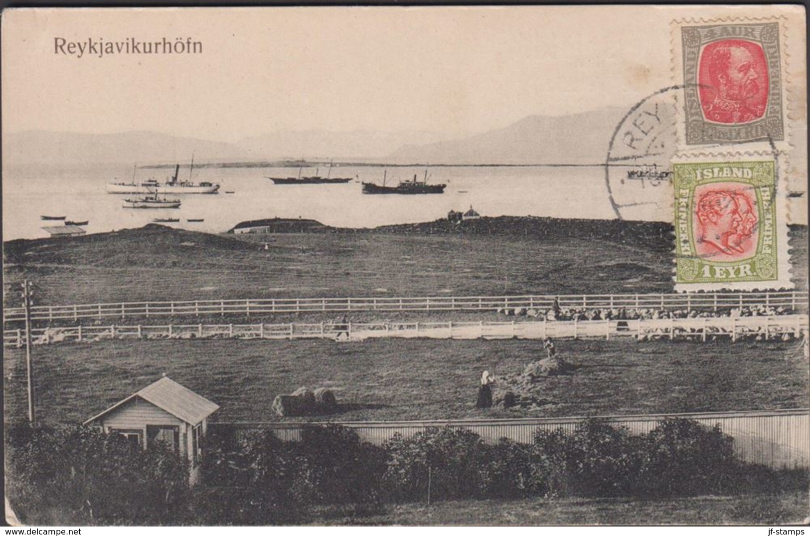 1907. Brjefspjald (reykjavikurhöfn). 1 EYR + 4 AUR Christian IX. REYKJAVIK.
 () - JF305773 - Storia Postale