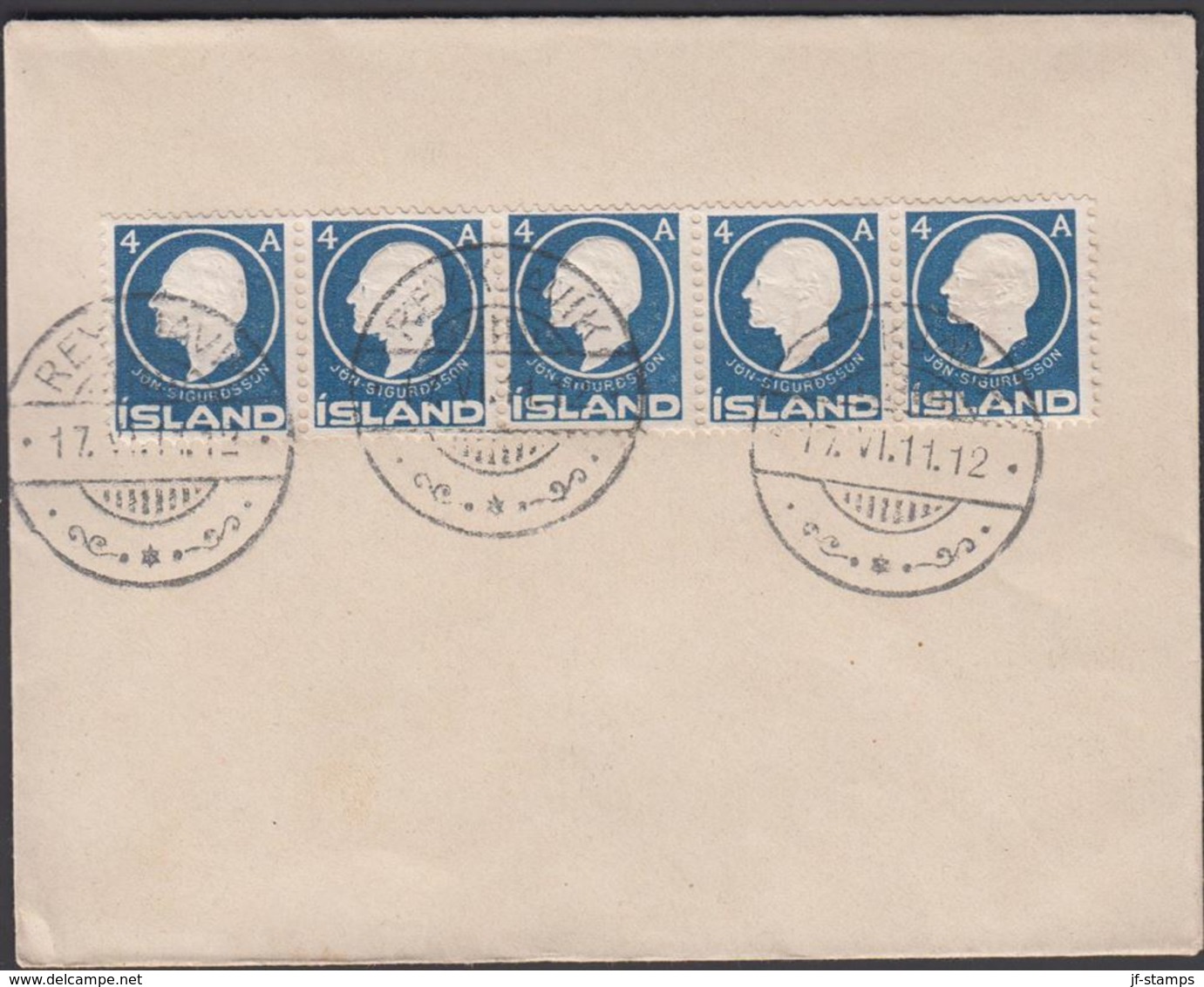 1911. 5-STRIP 4 AUR JÓN SIGURDSSON On Scarce Cover Cancelled The Day Of Issue REYKJAV... () - JF305789 - Briefe U. Dokumente