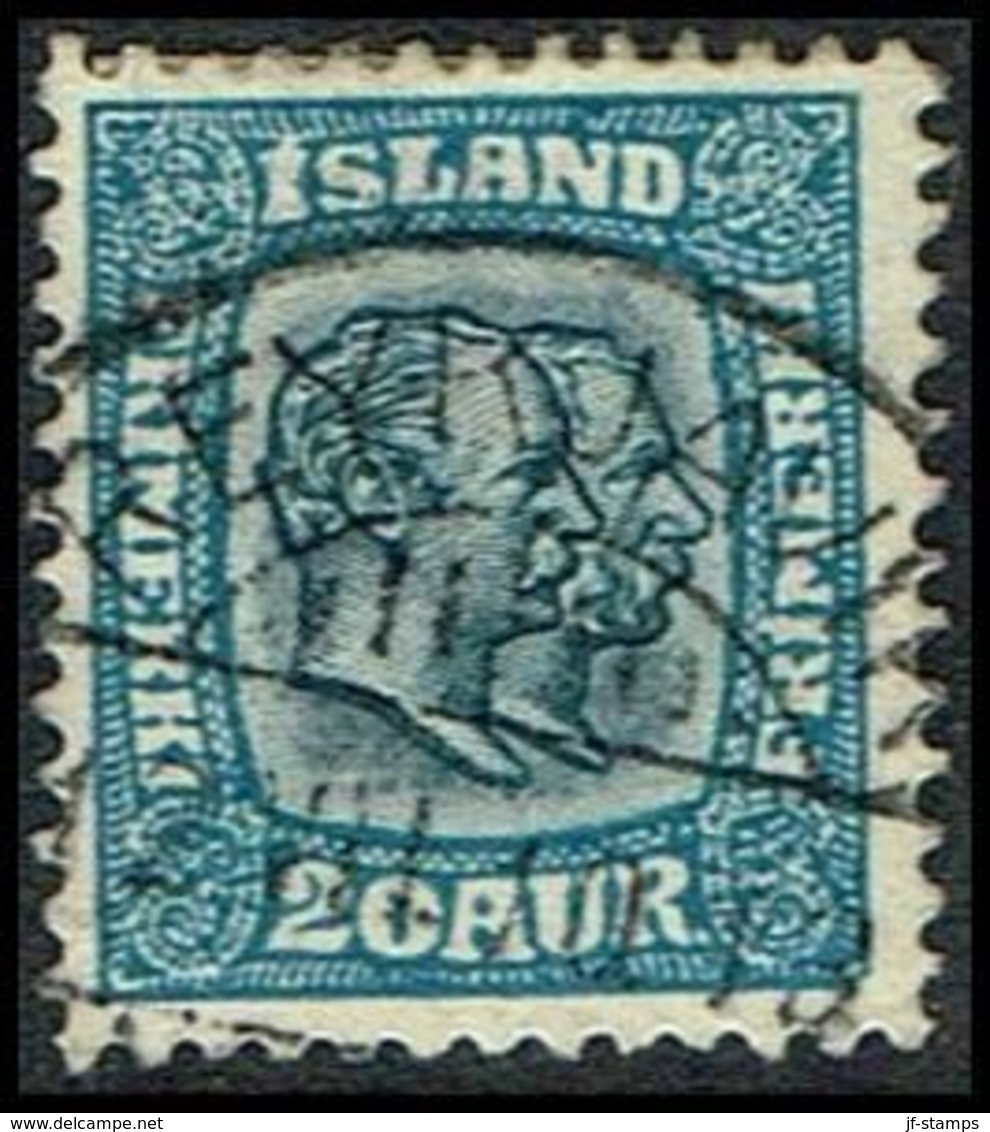 1907. Two Kings. 20 Aur Blue. Perf. 12 3/4, Wm. Crown. REYKJAVIK 12. VIII 1913. LUXUS... (Michel 56) - JF309589 - Neufs