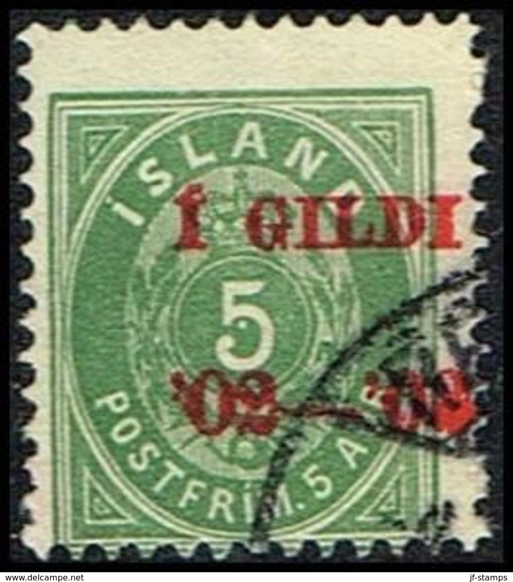 1902. I GILDI. 5 Aur Green. Perf. 12 3/4. Red Overprint  (Michel 26B) - JF309644 - Gebraucht