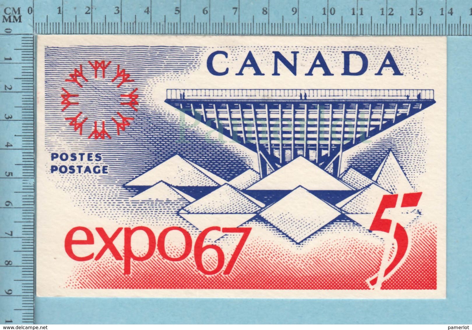 Timbre -Représentation Du Timbre Expo67 Avec Pavillon Canadien , A Voyagé En 1967,  Postcard Carte Postale - Timbres (représentations)