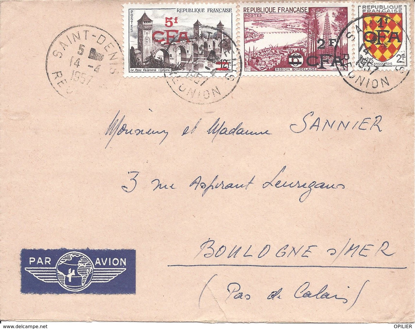 SAINT DENIS REUNION 14 4 1957 Timbre Pont Valentré + Région Bordelaise + Blason Angoumois Surchargés CFA - Storia Postale