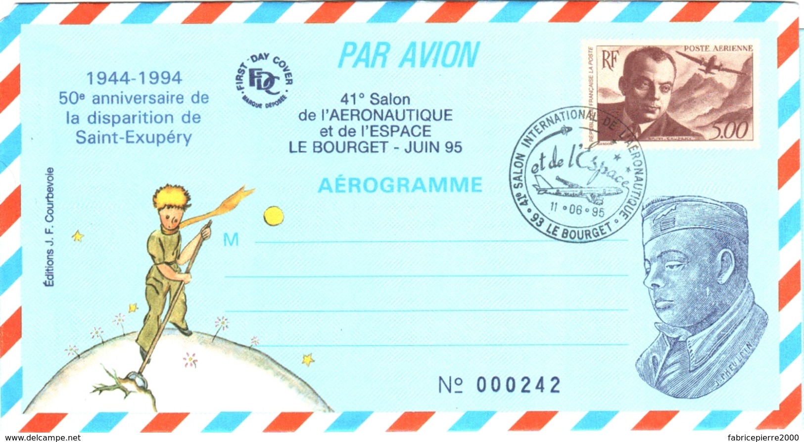 50e Anniv Disparition De Saint-Exupéry NEUF N°1021-AER Avec Cachet Commémoratif 41e Salon Aéronautique + Dessin Portrait - Aérogrammes