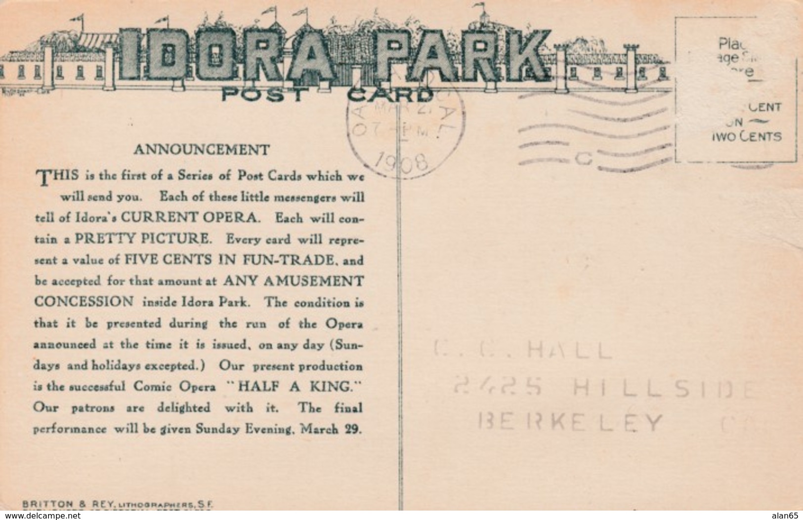 Oakland California, Idora Park Amusement Park, Ad For Opera Good For 5 Cents Trade, C1900s Vintage Postcard - Oakland