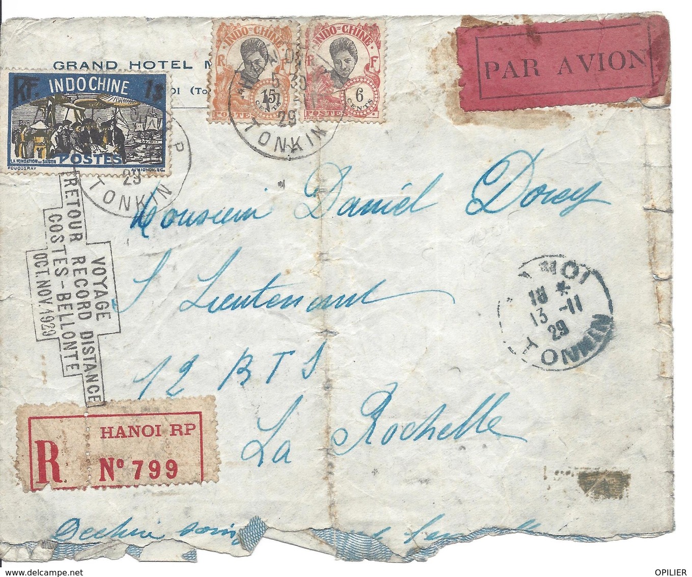 VOYAGE RETOUR RECARD DISTANCE COSTES BELLONTE OCT NOC 1929 RECOMMANDE HANOI RP Pour La Rochelle DEFAUT - Avions