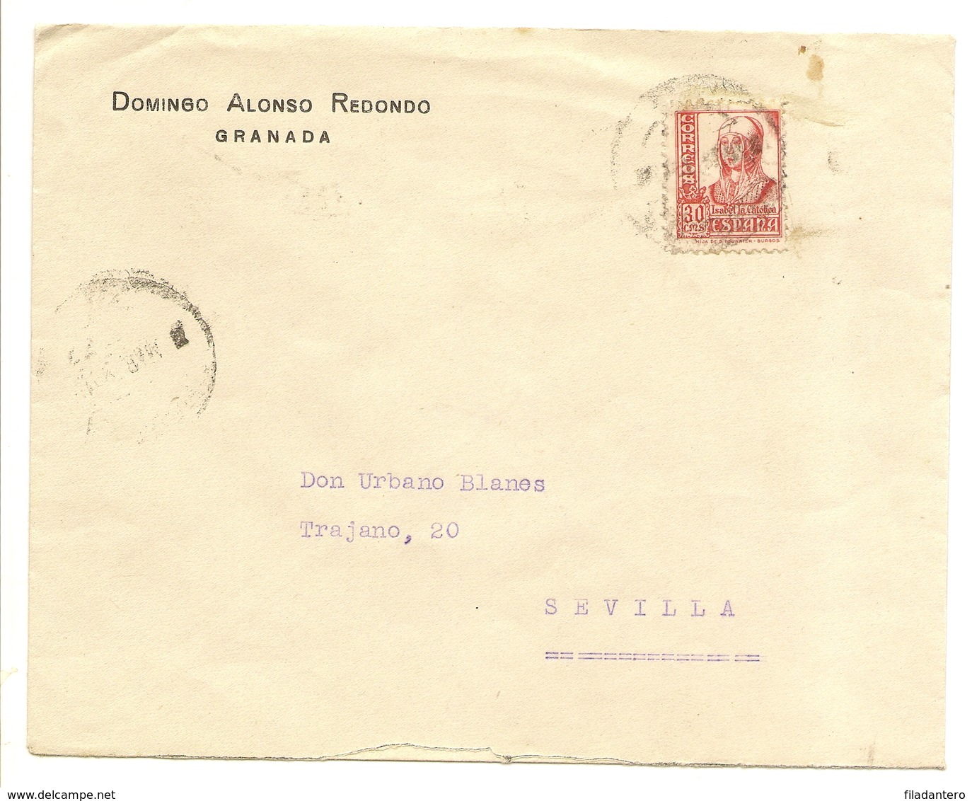 HISTORIA POSTAL Andalucía  Carta Granada-Sevilla  1937   NL749 - Otros & Sin Clasificación