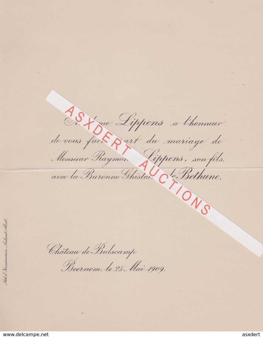 Faire-part  Mariage De Raymond Lippens Avec La Baronne Ghislaine De Bethune. Chateau De Bulscamp Beernem. 1909 - Mariage