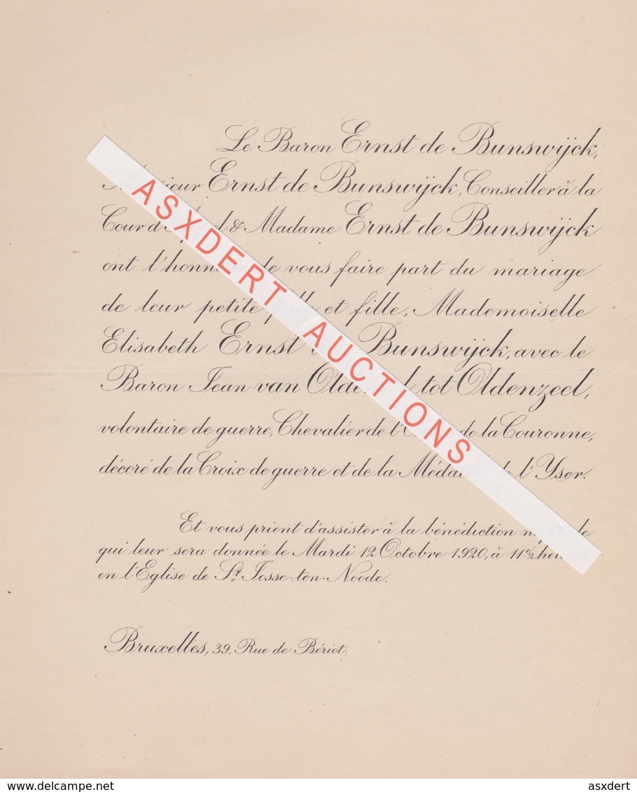 Faire-part  Mariage De Elisabeth Ernst De Bunswijck Et Baron Jean Van Oldeneel Tot Oldenzeel. St. Josse-ten-Noode 1920 - Mariage