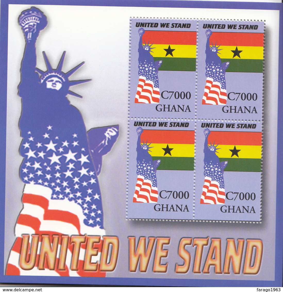 2002 Ghana USA 9/11 "UNITED WE STAND"  Flags Statue Of Liberty Miniature Sheet Of 4  MNH - Ghana (1957-...)