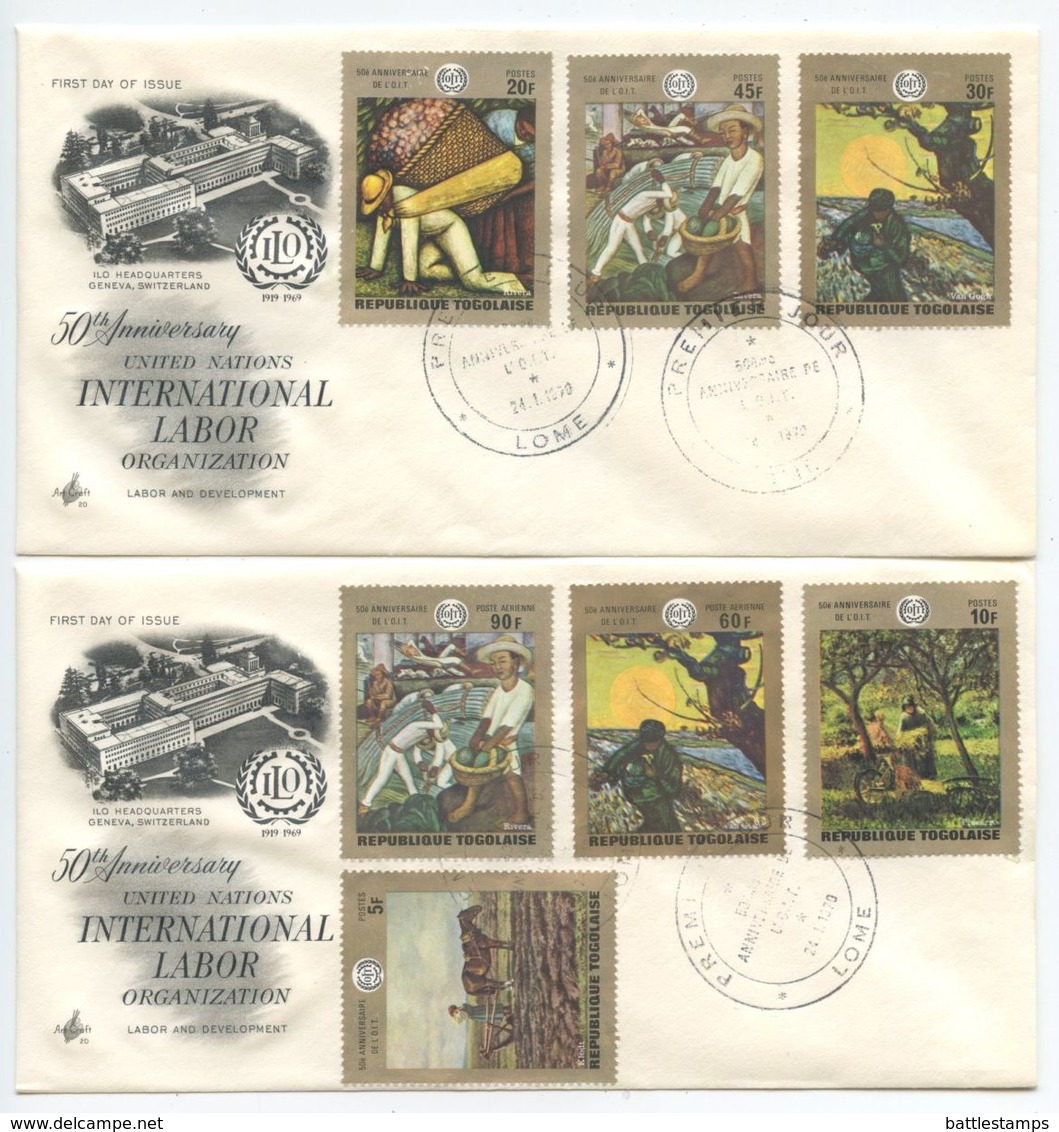 Togo 1970 2 FDCs Scott 717-721, C124-C125 Art Paintings & ILO 50th Anniversary - Togo (1960-...)