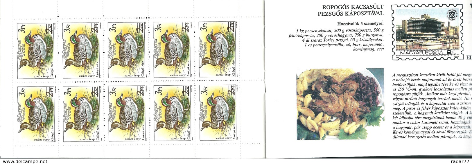 Hongrie Carnet Avec 2 Feuillets De 10 Timbres N°3229 Et 3230 Neuf** + 6 Recettes De Cuisine De Canard (voir Description) - Booklets