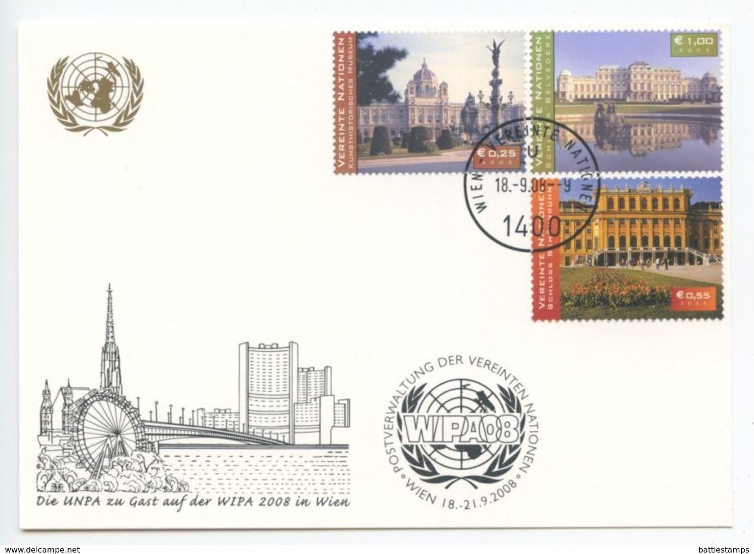 United Nations - Vienna 2008 Postcard WIPA Wien, Scott 327-328, 341 - Cartas & Documentos