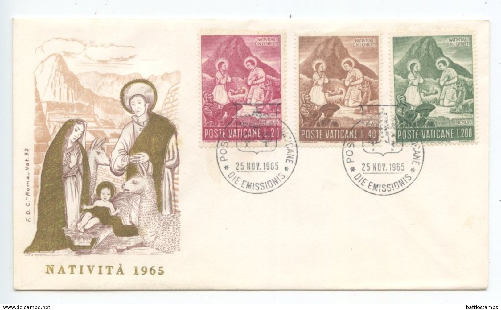 Vatican 1965 FDC Scott 420-422 Christmas - Peruvian Nativity Scene - FDC