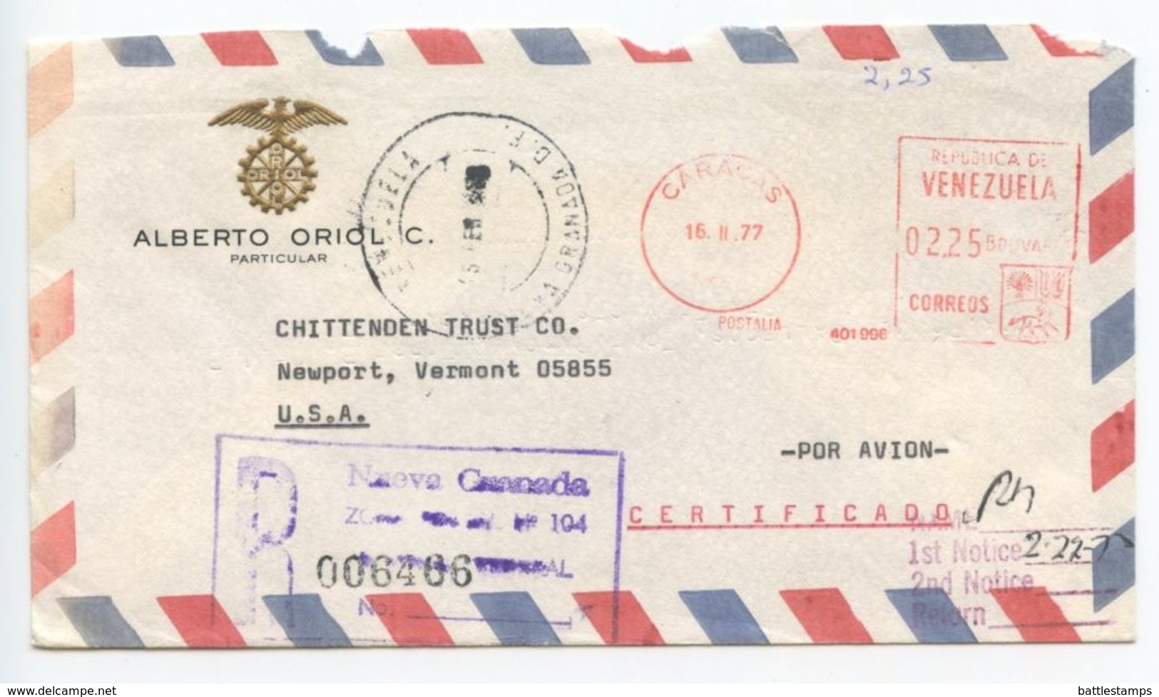 Venezuela 1977 Registered Airmail Cover Caracas To Newport VT W/ Postalia Meter - Venezuela