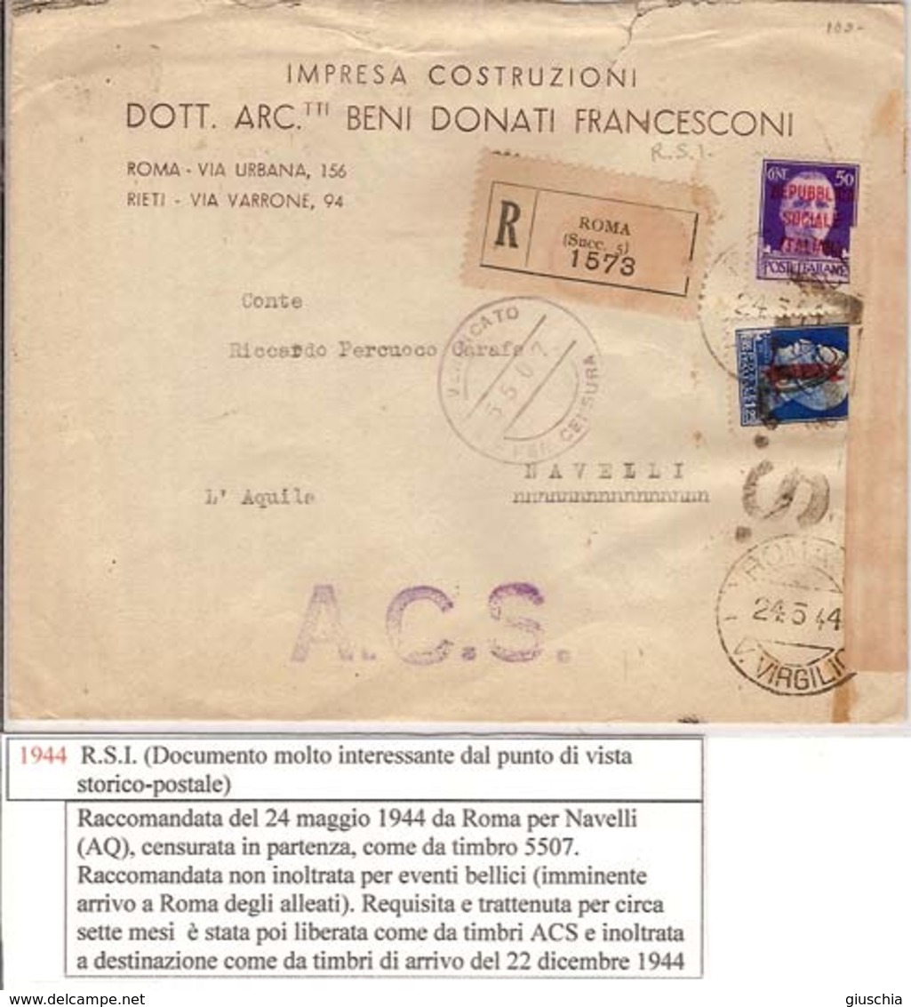 (St.Post.).R.S.I.Raccomandata.Occupazione E Liberazione Di Roma.Doppia Censura.Non Comune (64-13) - Storia Postale