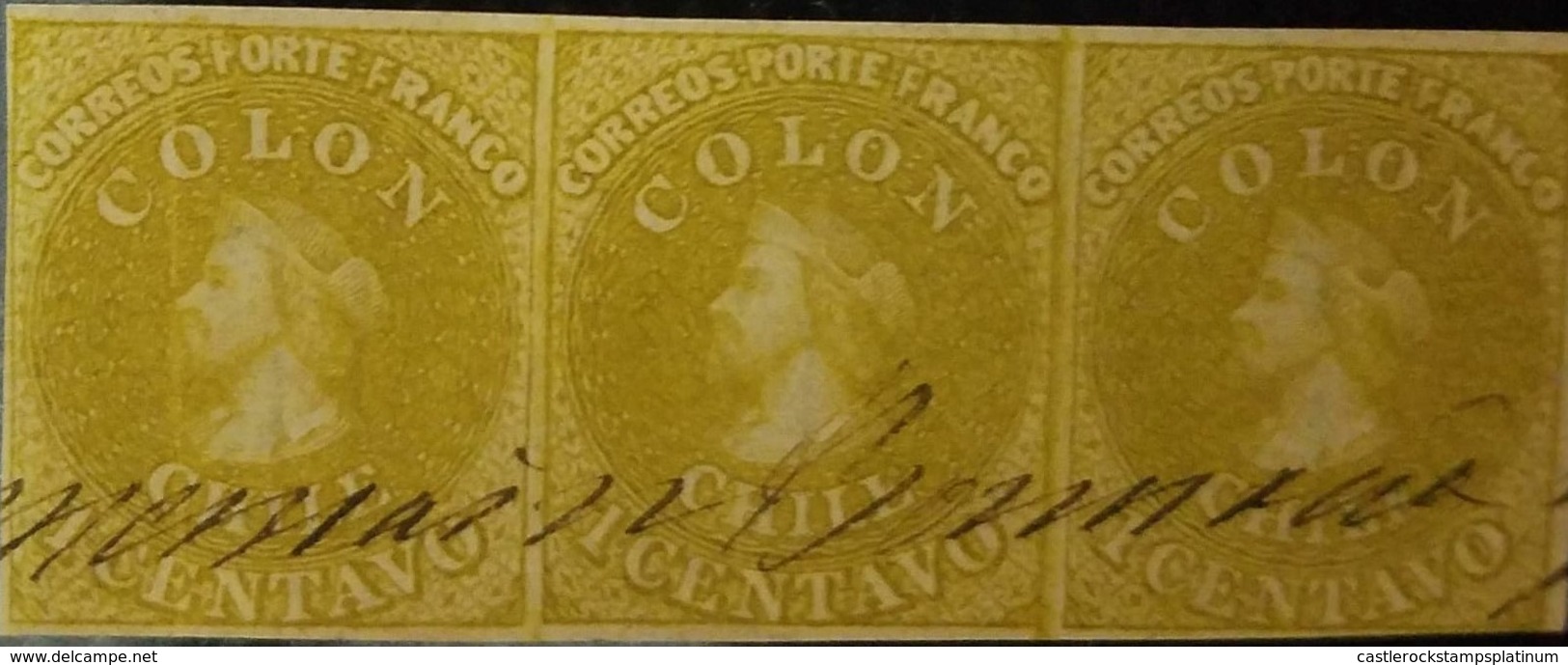 O) 1862 CHILE, CHRISTOPHER COLUMBUS SCT 11 1c Lemon Yellow. MANUSCRIPT CANCELLATION, XF - Chili