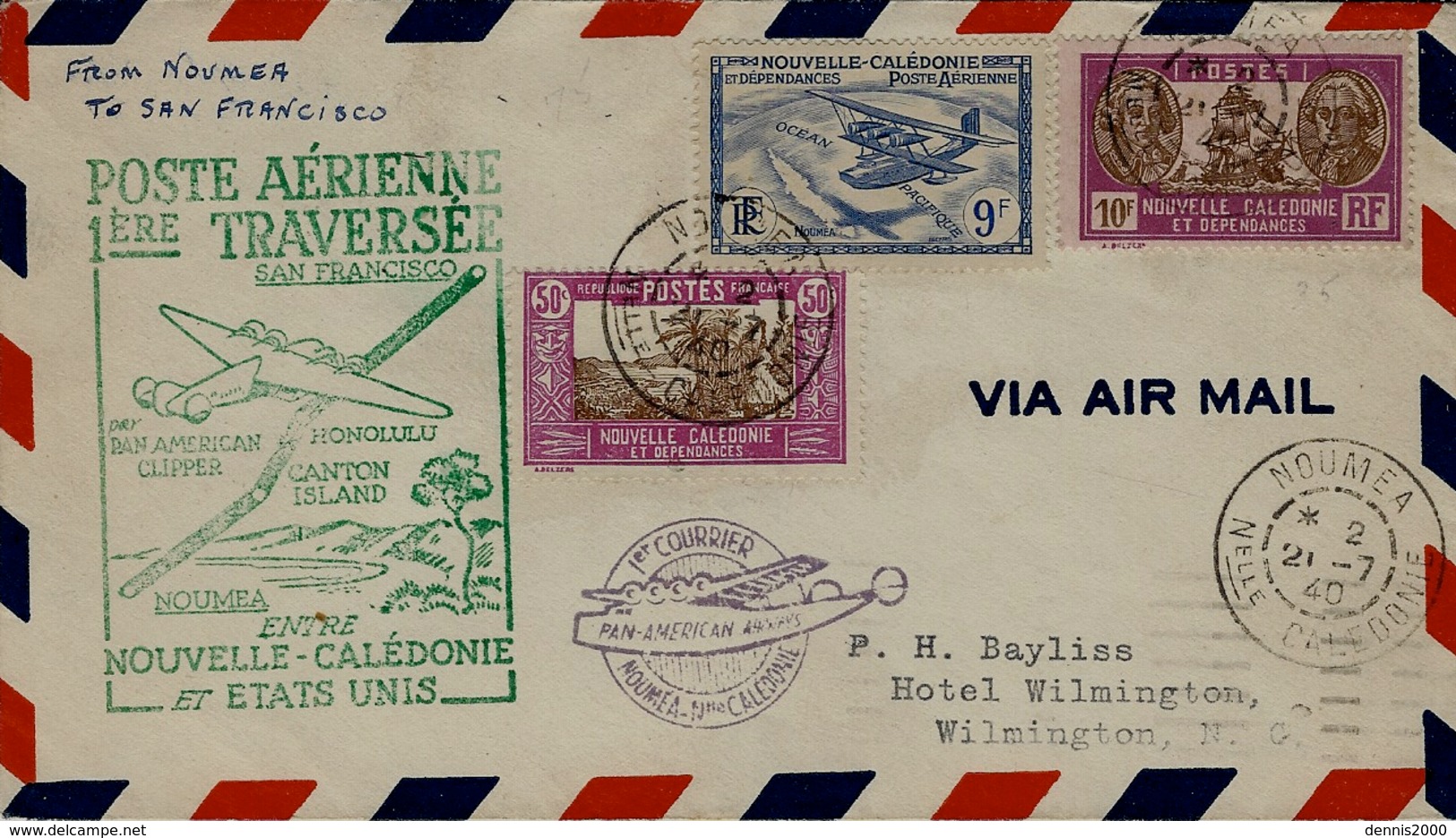 Juillet 1940- Nouméa - San Francisco   1ère Traversée  First Flight  Affr. 19,50 F - Lettres & Documents