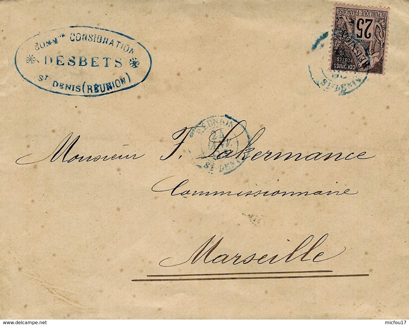 1893-enveloppe De ST DENIS  Affr. N°24 SEUL  Oblit. Cad Bleu - Briefe U. Dokumente