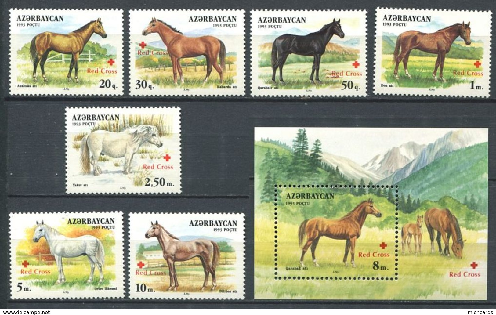 242 AZERBAIDJAN 1997 - Yvert 328/34 BF 31 Surcharge Croix Rouge - Cheval Chevaux - Neuf ** (MNH) Sans Trace De Charniere - Azerbaïdjan