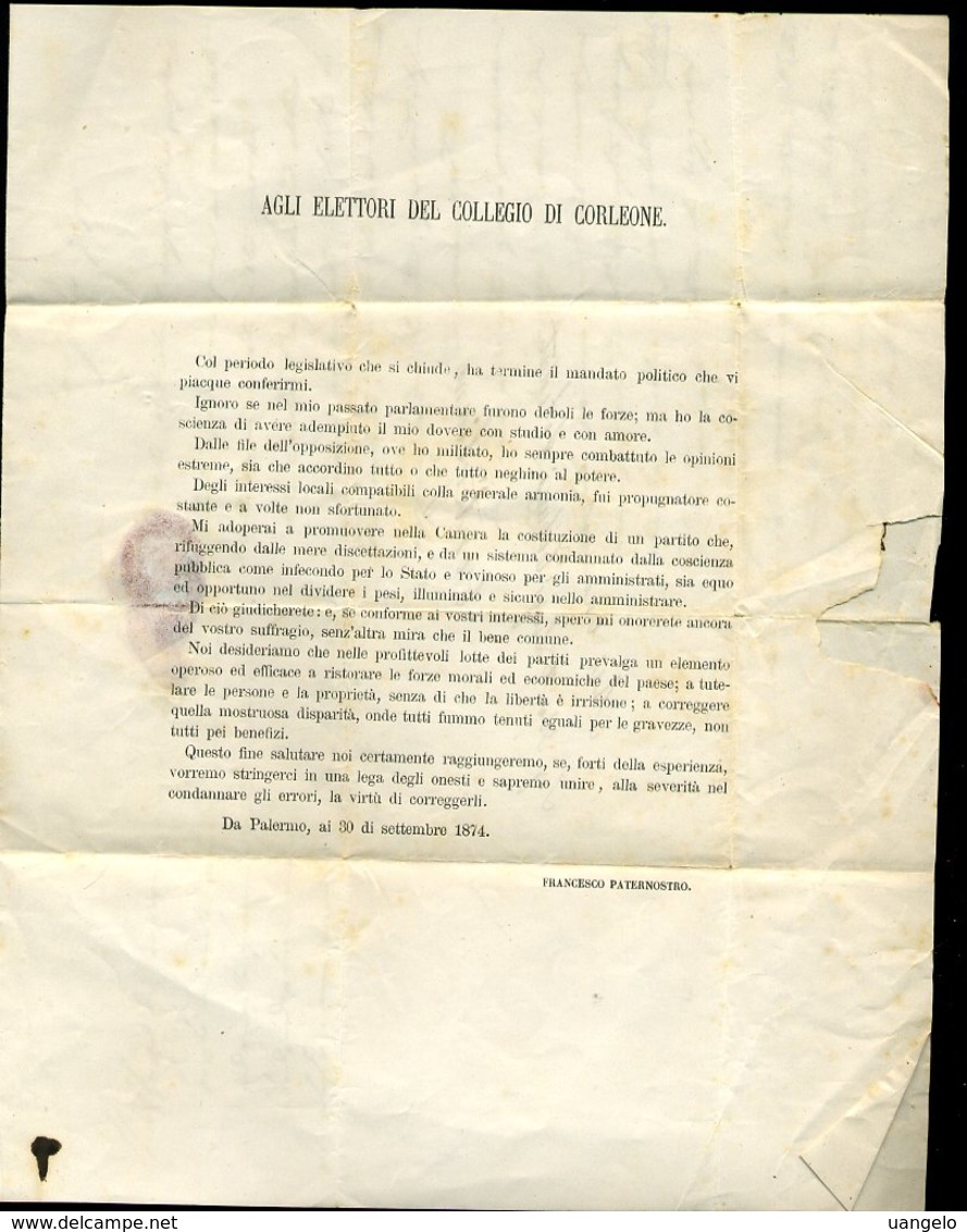 219 CORLEONE 1874 , LETTERA  AGLI ELETTORI DEL COLLEGIO DI CORLEONE , SPEDITA DA PALERMO PER RIETI VIA TERMINI IMERESE - Sonstige & Ohne Zuordnung