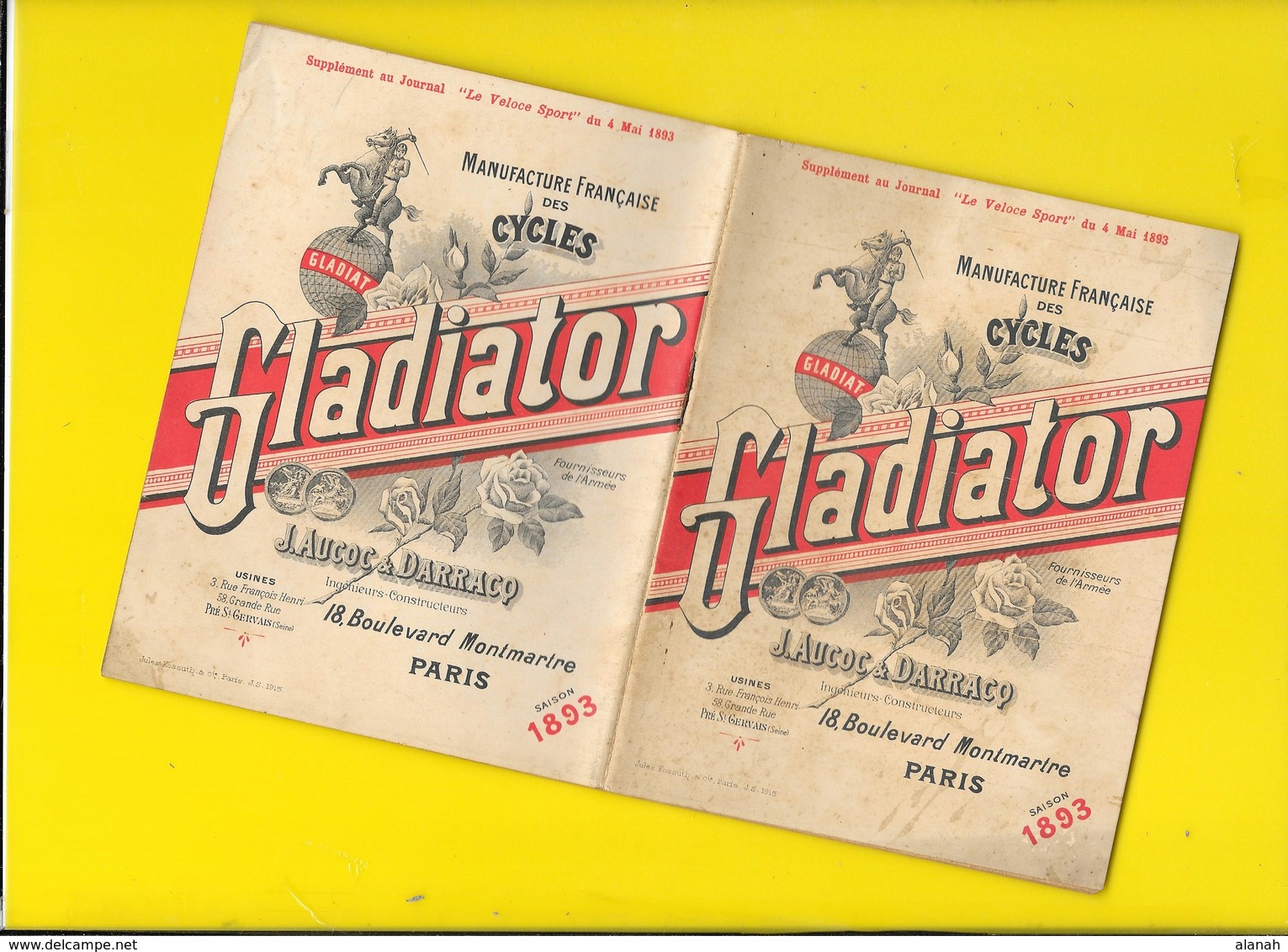 Catalogue 1893 Cycles "GLADIATOR" Aucoc & Darracq 32 Format 15 X 12 Cm Env.. - Cyclisme