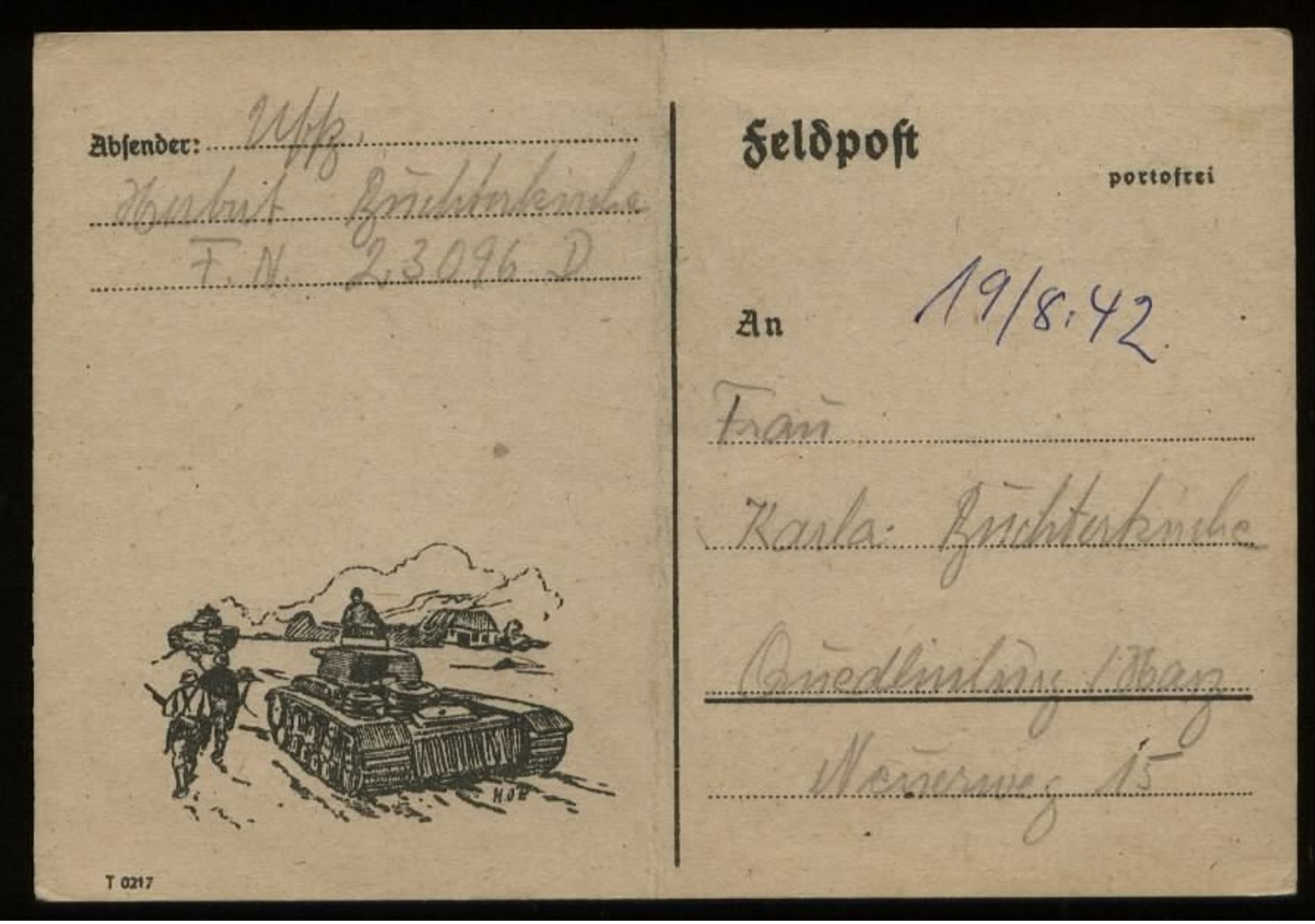 P0227 - DR Feldpost Postkarte Mit Bild Panzer: Gebraucht FP. Nr. 23096  - Quedlinburg 1942, Bedarfserhaltung. - Briefe U. Dokumente