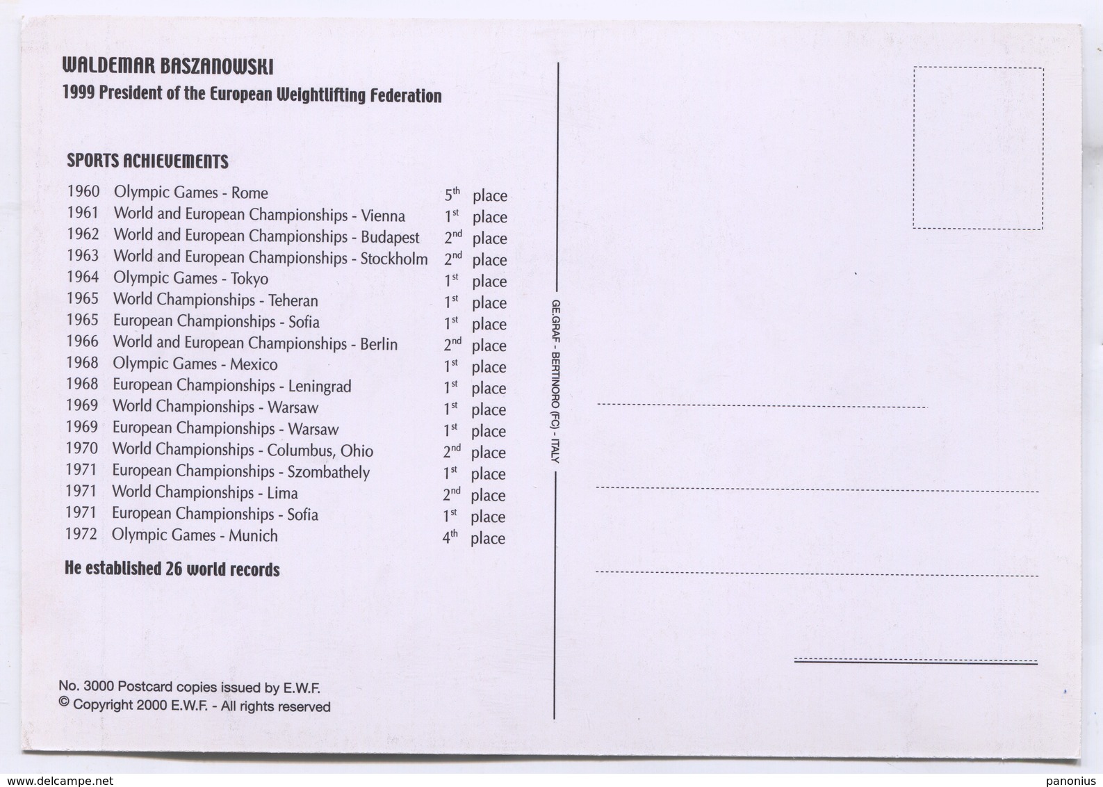 Weightlifting  Halterophile - Waldemar Baszanowski, By E.W. F. PC - Pesistica