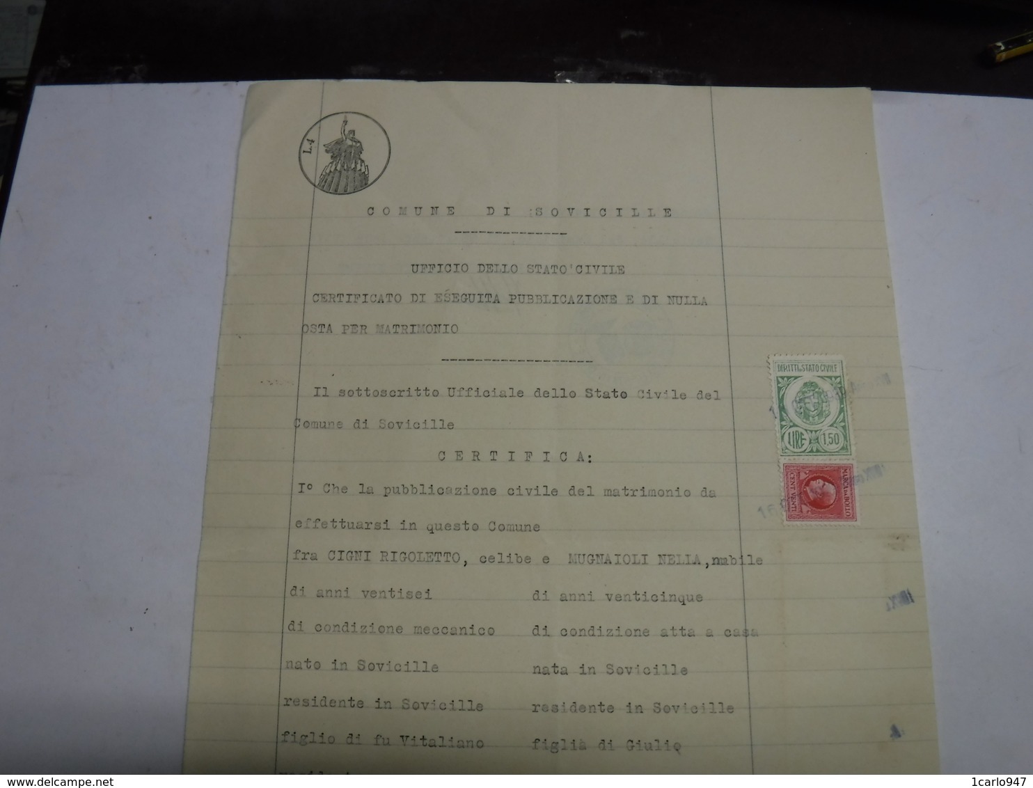 SOVICILLE   -- SIENA      --- MARCA  COMUNALE  --- FISCALI  ---   L.1,50  --  SU DOCUMENTO - Revenue Stamps