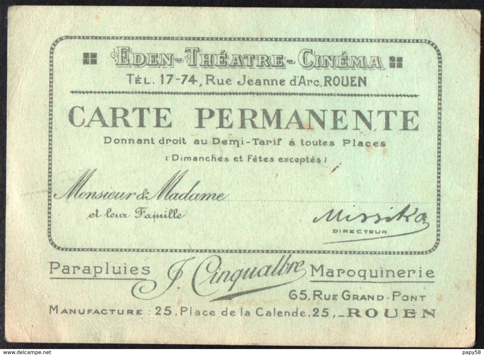 Vieux Papiers > Tickets D'entrée Rouen EDEN Théâtre Cinéma Carte Permanente - Tickets D'entrée