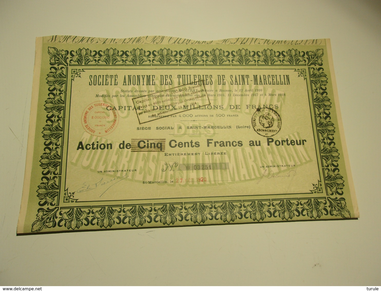 TUILERIES DE SAINT MARCELLIN (500 Francs) LOIRE - Autres & Non Classés