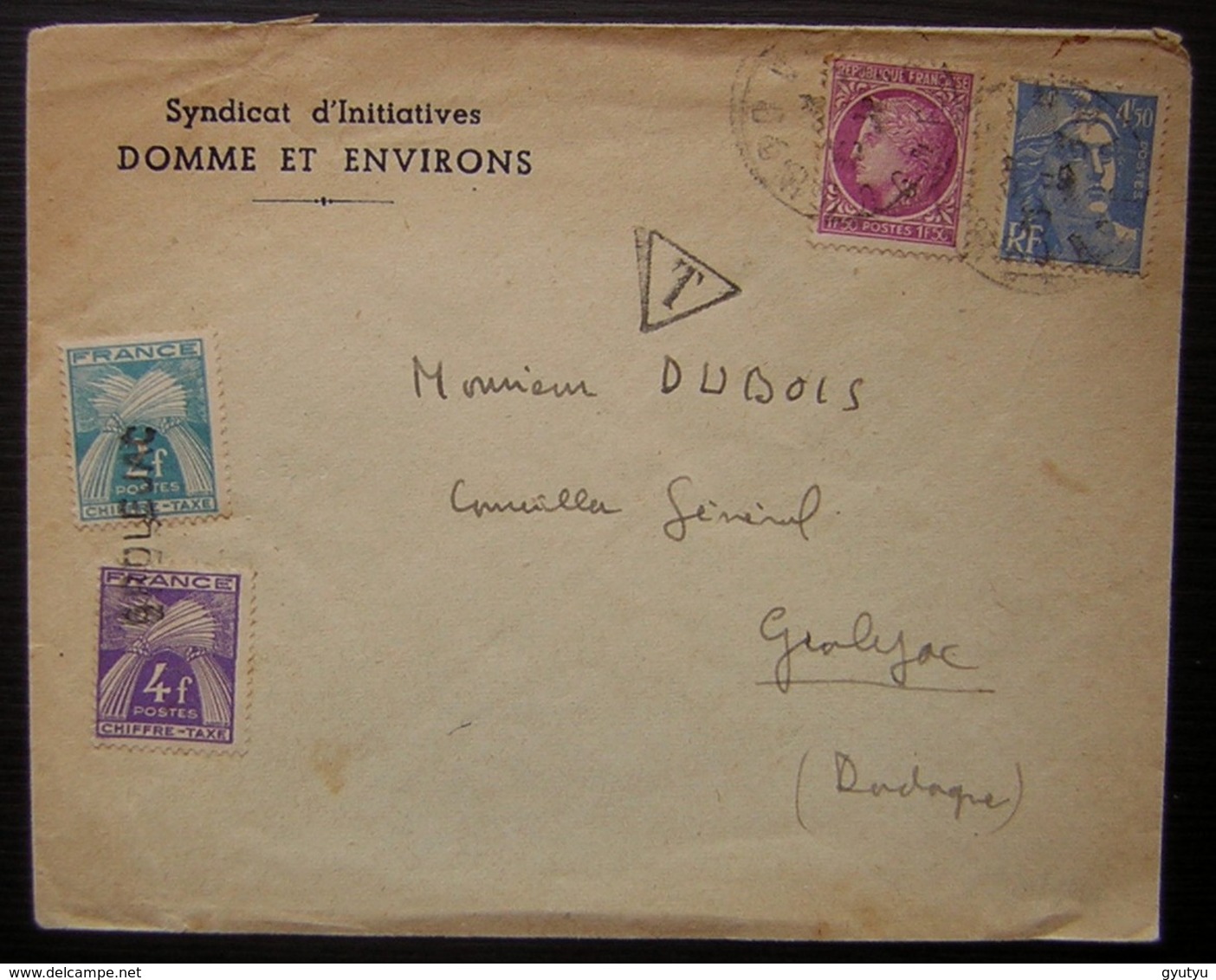 Domme Lettre Taxée Pour Groléjac (Dordogne) Timbres Taxe à 4 Et 2 Francs Oblitérés GROLEJAC (syndicat D'initiative) - 1859-1959 Lettres & Documents