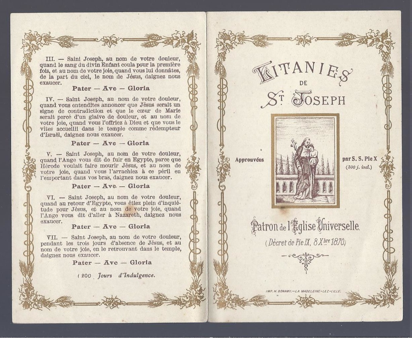 LITANIES DE ST. JOSEPH PATRO DE L' EGLISE UNIVERSELLE S.S. PIE X 1870 IMP. BONAMY LA MADELEINE LEZ LILLE - Santini