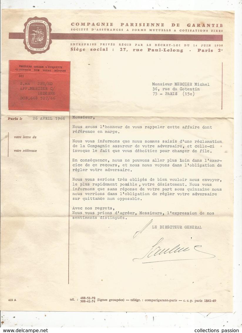 Lettre Commerciale,Compagnie Parisienne De Garantie ,assurances ,Paris ,1966, Frais Fr : 1.65 E - 1950 - ...