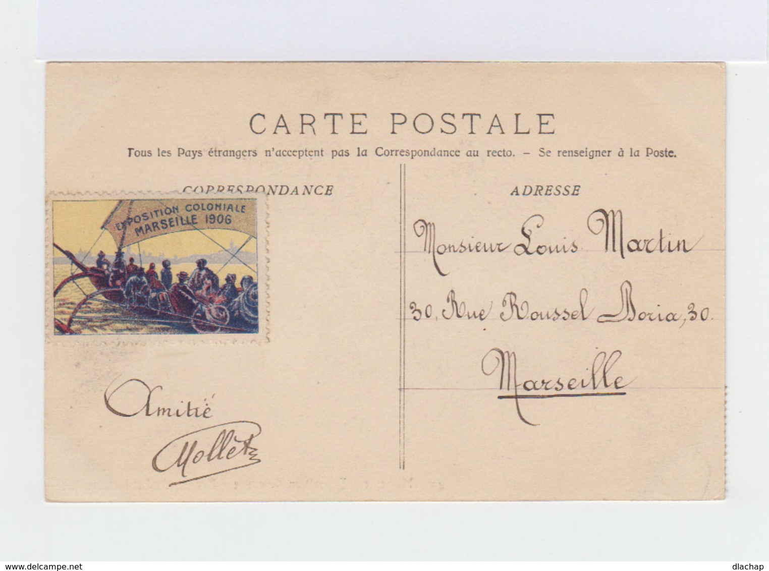 Sur Carte Postale Vignette Exposition Coloniale Marseille 1906. CAD Hexagonal  Exposition Coloniale. (999) - Cachets Manuels