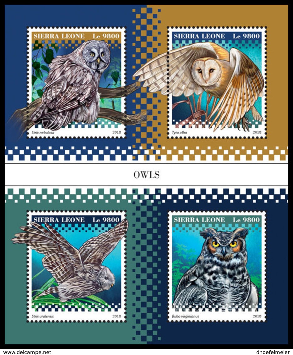 SIERRA LEONE 2018 **MNH Owls Eulen Hiboux M/S - OFFICIAL ISSUE - DH1852 - Eulenvögel