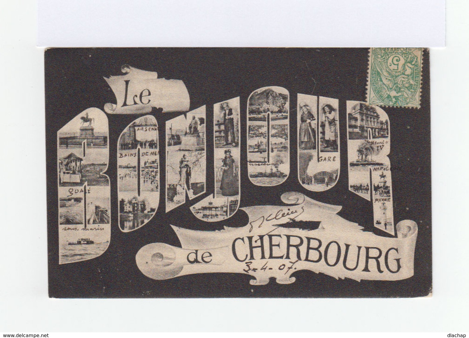 Sur Carte Postale Type Blanc 5 C. Vert CAD Cherbourg 1907. (1002t) - 1877-1920: Période Semi Moderne