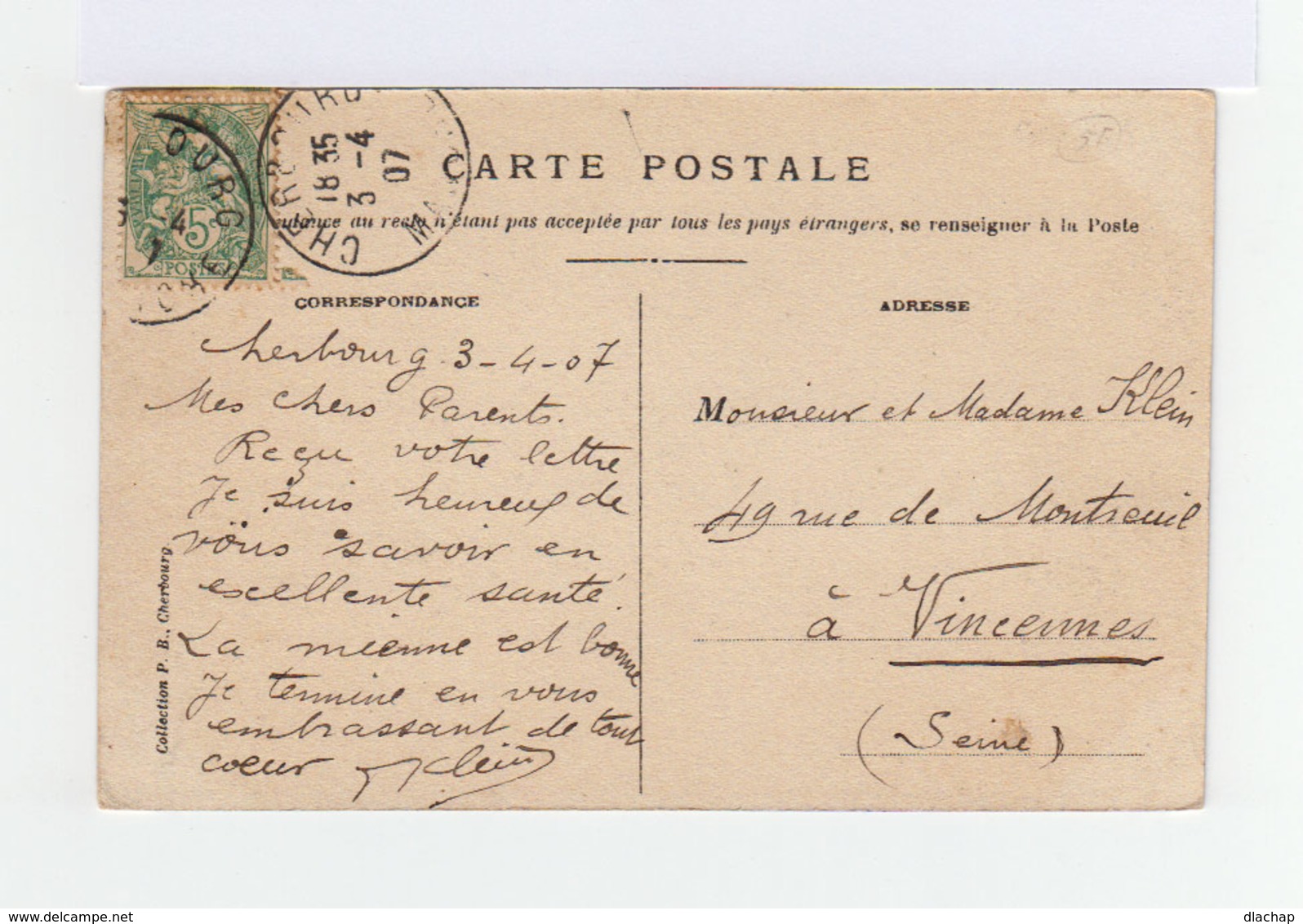 Sur Carte Postale Type Blanc 5 C. Vert CAD Cherbourg 1907. (1002t) - 1877-1920: Période Semi Moderne