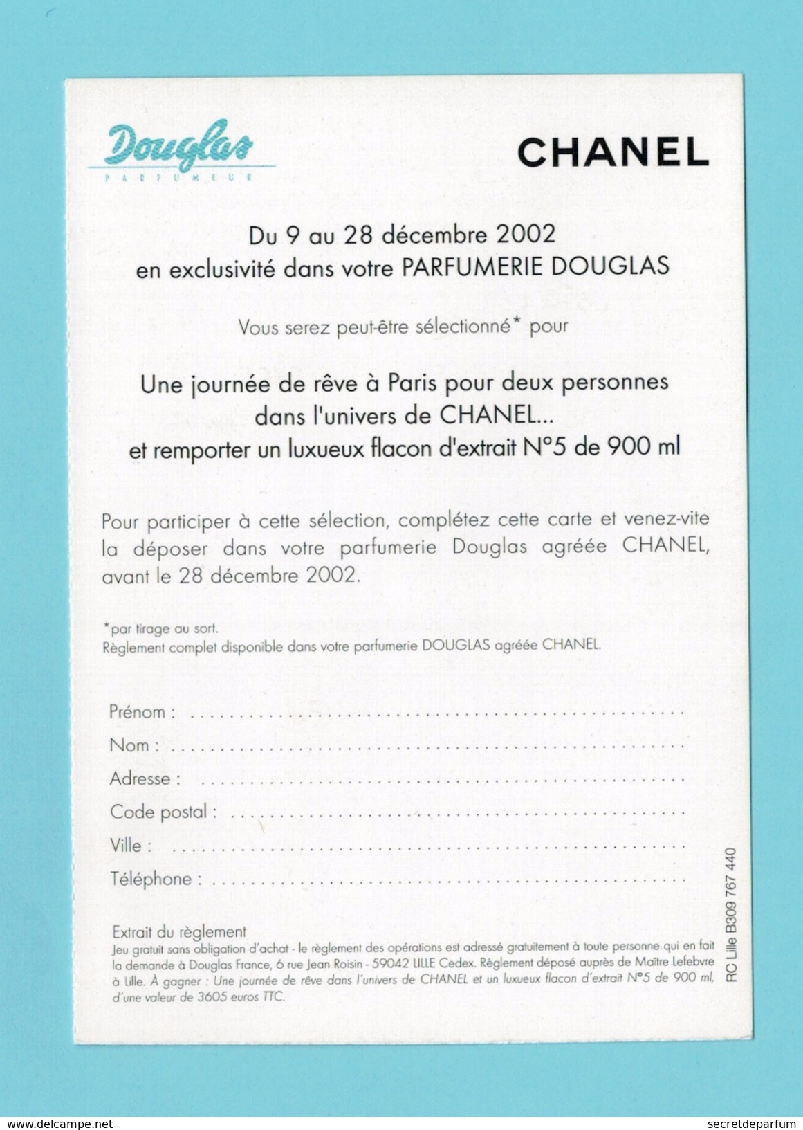 Cartes Parfumées Carte CHANEL N°5  De CHANEL   RECTO VERSO CARTE DOUGLAS - Modernes (à Partir De 1961)