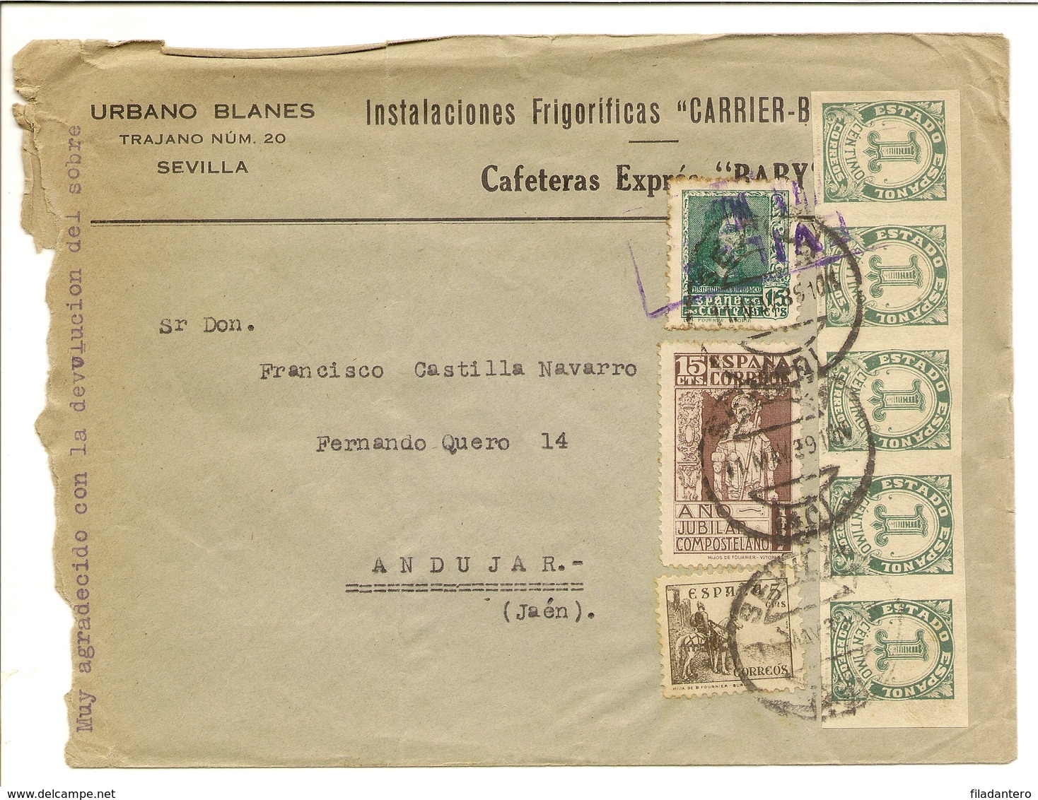 HISTORIA POSTAL Andalucía  Carta Sevilla-Andújar  1939   NL750 - Otros & Sin Clasificación