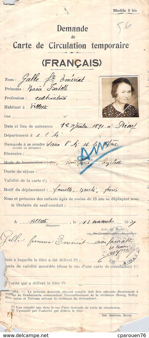 Demande De Carte De Circulation Temporaire 1939 Ww2 Pour Mme Galle Marie Isabelle - Autres & Non Classés