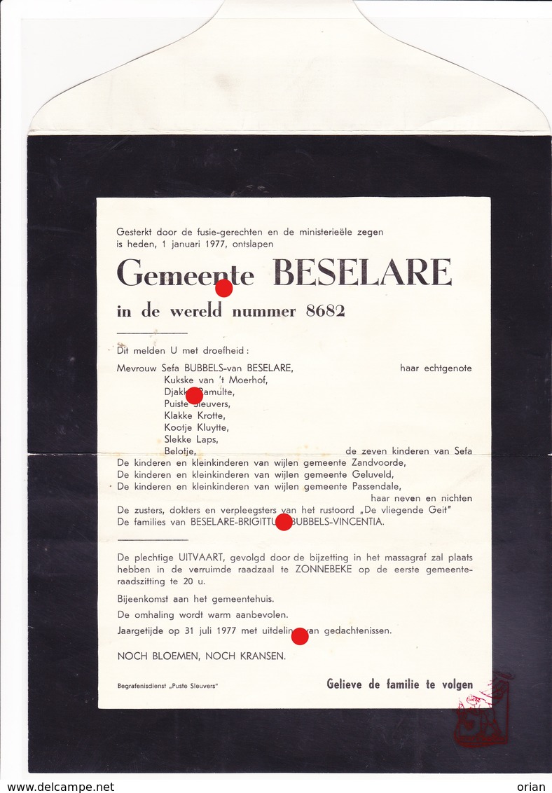 Gemeente Beselare 1977 Curiosum -  Spottende Doodsbrief N.a.v. Fusie Met Zandvoorde Geluveld Zonnebeke / Passendale - Autres & Non Classés