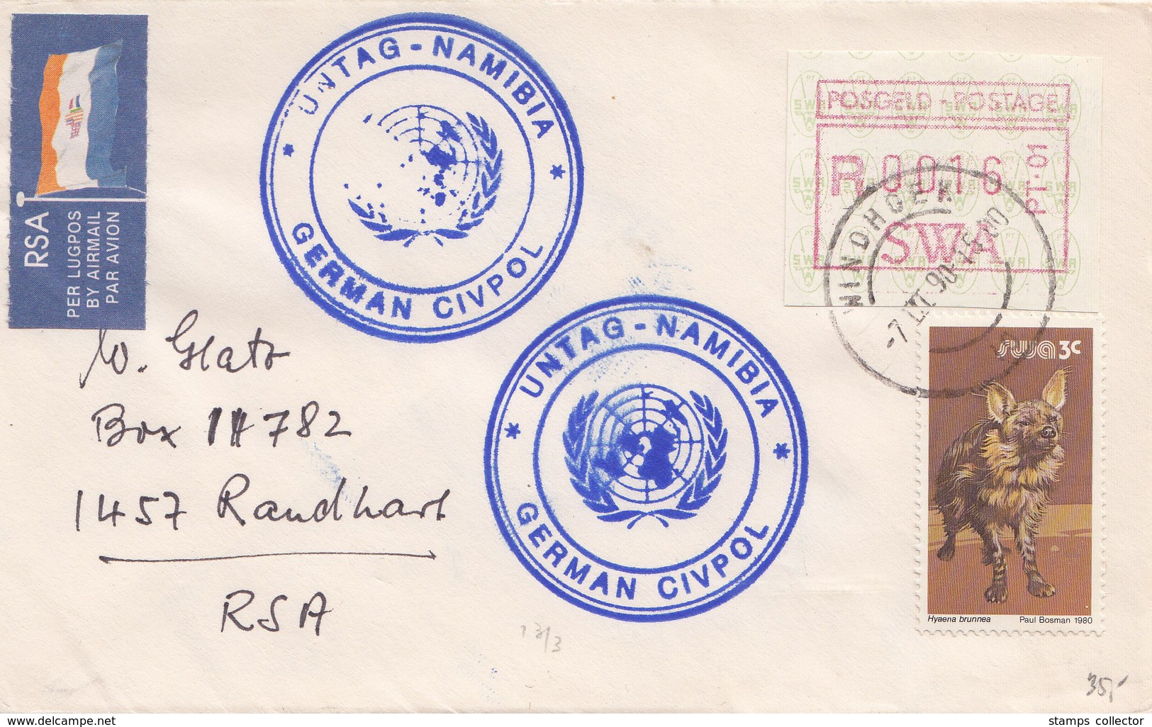 NAMIBIA. South West Africa.   FRAMA.  Letter 7.oct. 1990. Untag-Namibia. German Civpol - Namibie (1990- ...)